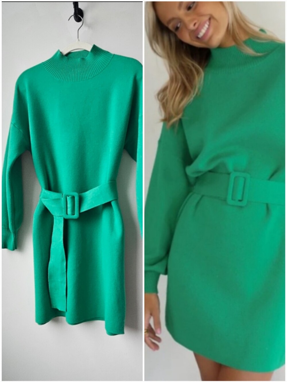Yllw The Label Kelly Green Belted Sweater Knit Funnel Neck Bishop Sleeve Dress